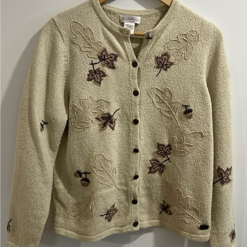 Northern Reflections Leaf Embroidered Cardigan - Cream and Brown